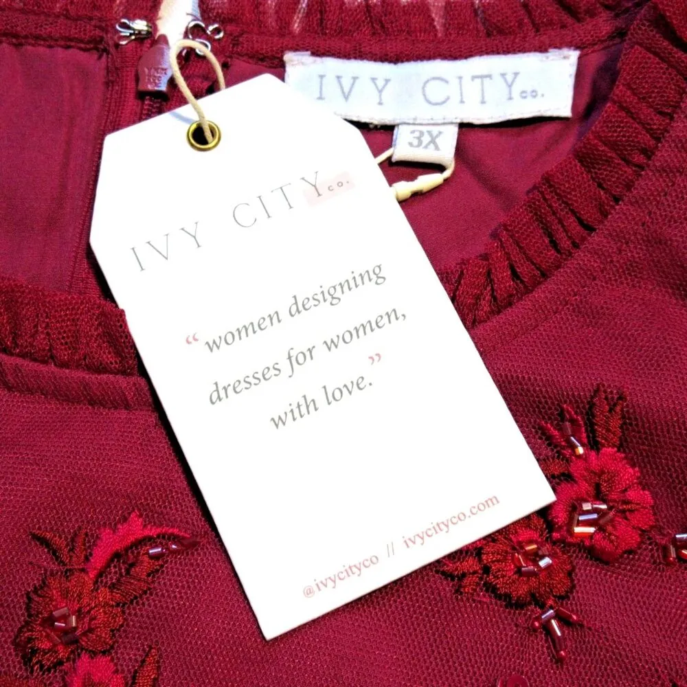 NWT Ivy City Co. Anastasia in Dark Red Embellished Tulle Ruffled Dress 3X - Image 5