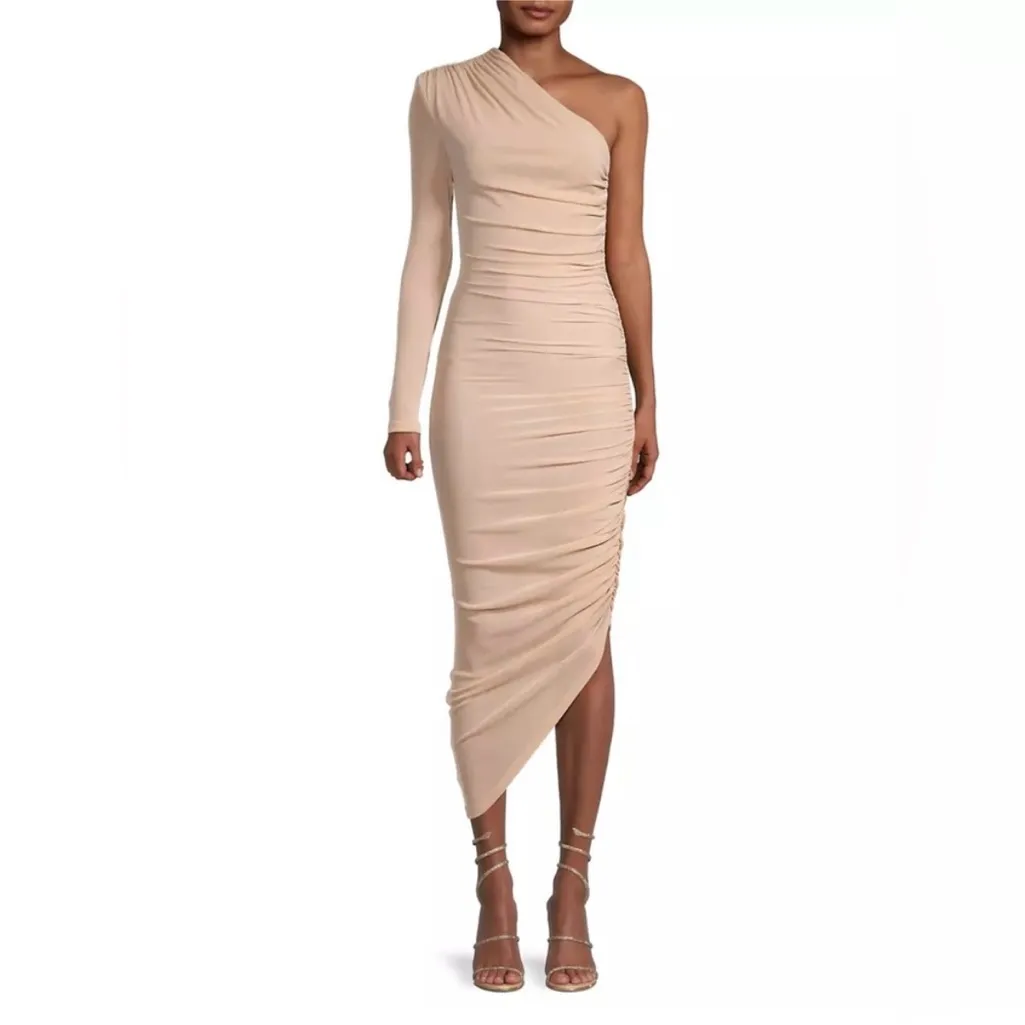 MISHA Tansy Ruched Sparkle Mesh Midi Dress in Champagne - Image 4