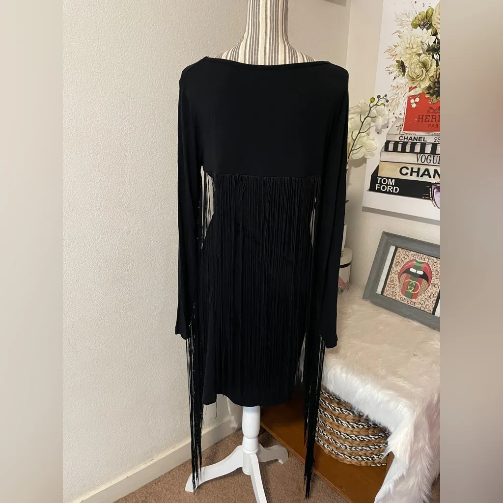LIMITED EDITION RARE TOPSHOP BLACK LONGSLEEVE FRINGE DRESS - Image 3