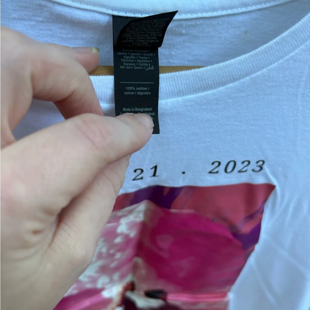 White Graphic T-Shirt with Pink and Purple Design - Image 4