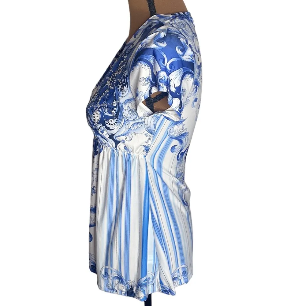 Boston Proper Sublimation tee in blue multi scroll print crystal embellished XS - Image 5