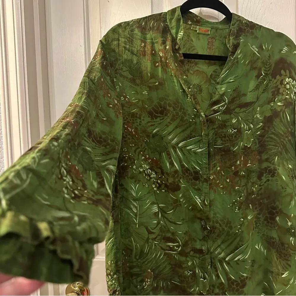 Vintage Tianello Women's Button Down Shirt Ghandi Jungle Blouse Green XS - Image 3