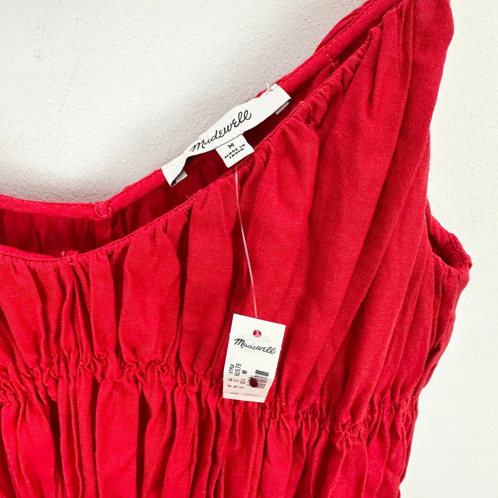 Madewell Textured V Neck Midi Dress Festival Red A Line Linen Cotton Medium NWT - Image 10