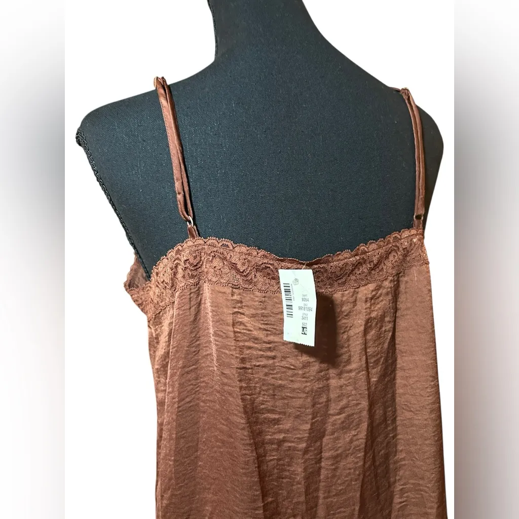 Y2K Cozy Chocolate Brown Whimsigoth Luxe Lace Trim Spaghetti Strap Slip Dress L - Image 4