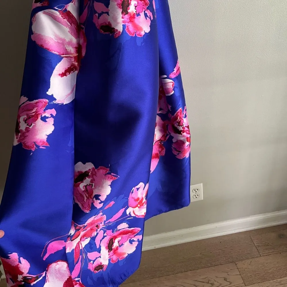 By & By Floral Satin Midi Dress Small Criss Cross Back Wedding Guest Cocktail Blue Size undefined - Image 4