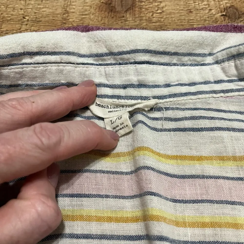 Beach Lunch Lounge | Women's Multi Striped Boxy Linen Cotton Blend Blouse Sz L - Image 5