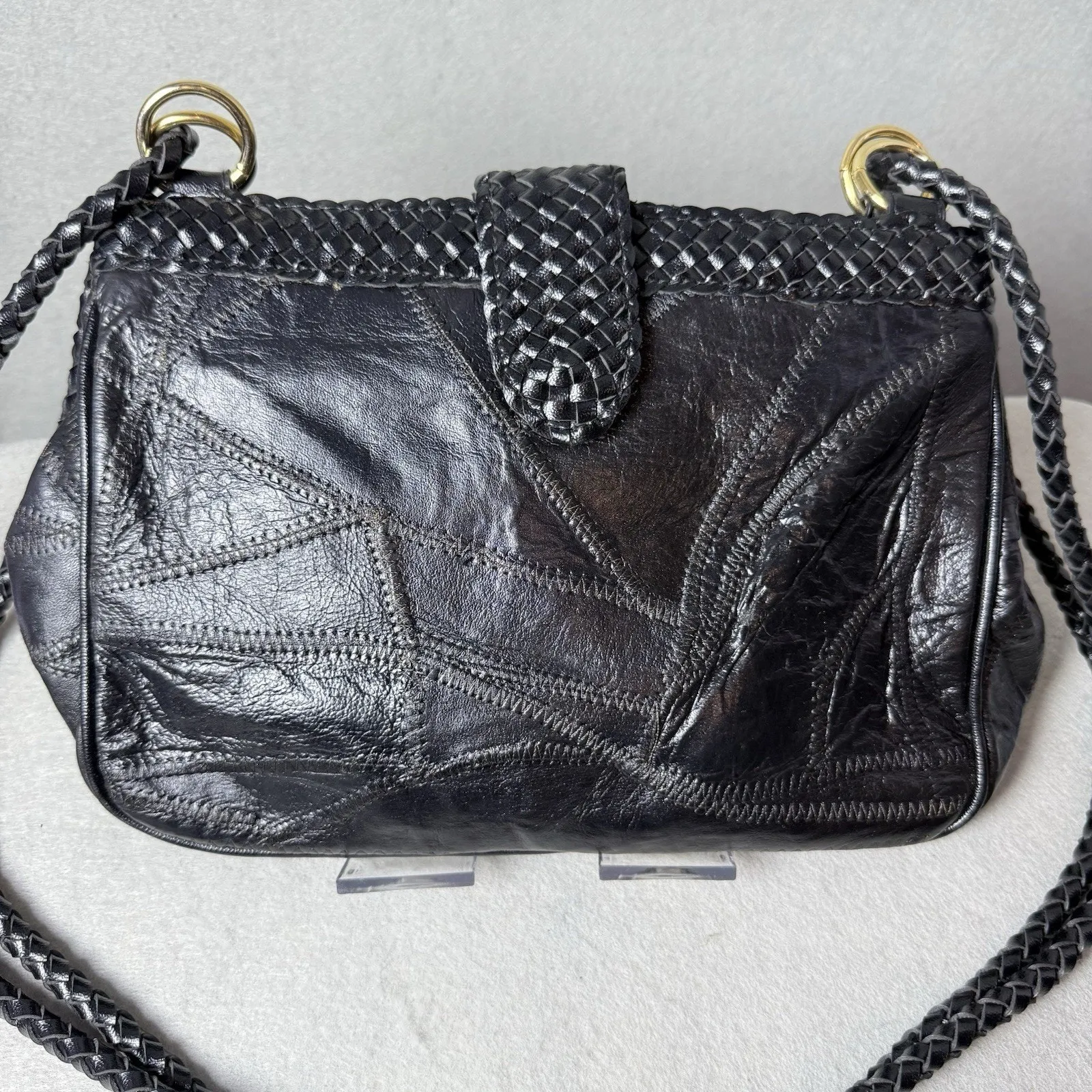 Vintage Warren Reed Black Faux Leather Woven Strap Snap Closure Shoulder Bag - Image 2