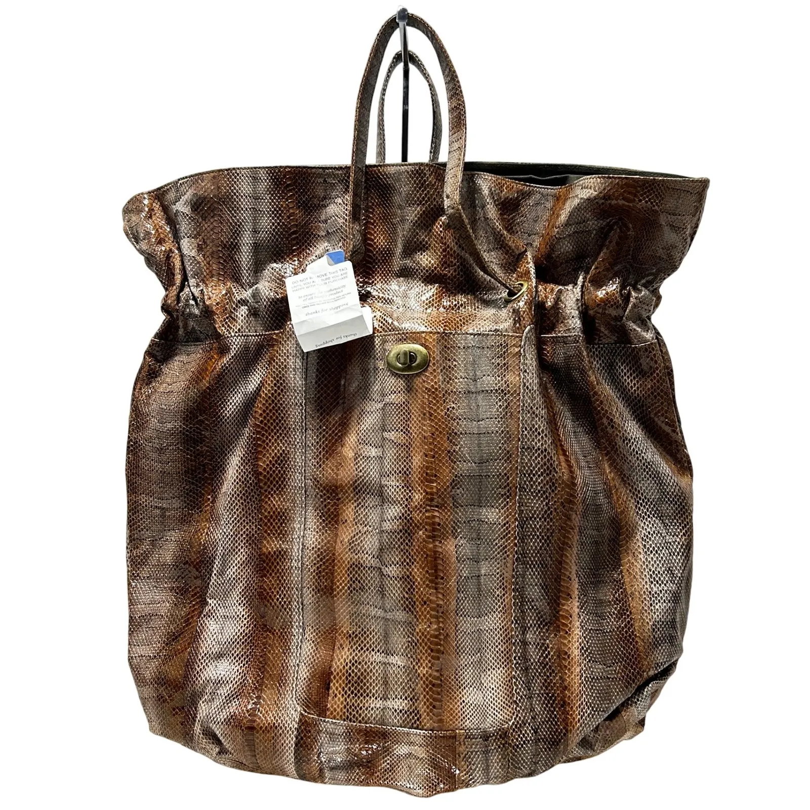 Beirn Snakeskin Brown Leather Drawstring Shoulder Bag Tote Handbag Women NWT - Image 3
