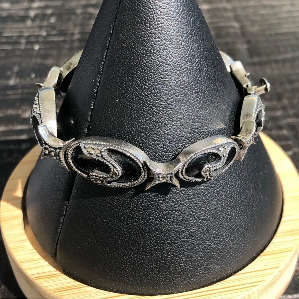 JUDITH JACK Vintage Black Onyx Marcasite Sterling Silver Art Deco Bracelet - Image 7