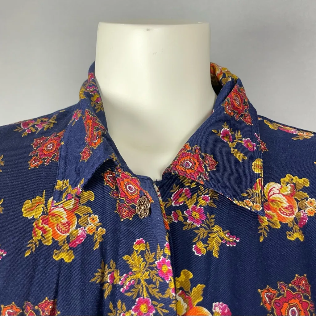 Vintage Floral Midi Dress‎ Navy Blue Long Sleeve Belt Rayon Modest 80s Momcore Size 8 - Image 13