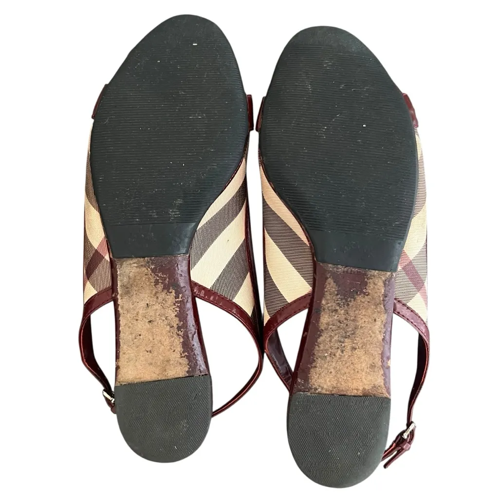 Burberry Women’s Vintage Butgundy Patent Leather Nova Check Peep Toe Flats 41 - Image 9