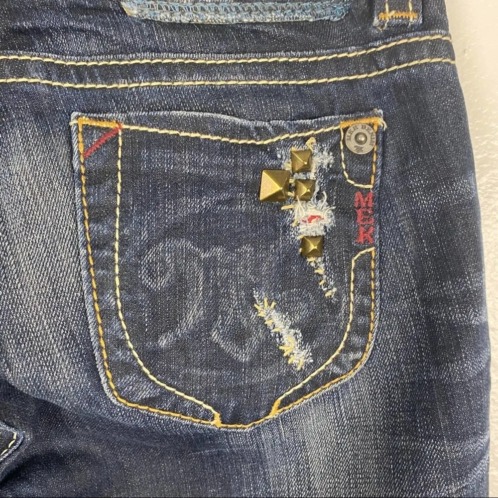 MER Dark Wash Distressed Intentionally Ripped Flare Leg Denim Jeans, Size 27 - Image 8