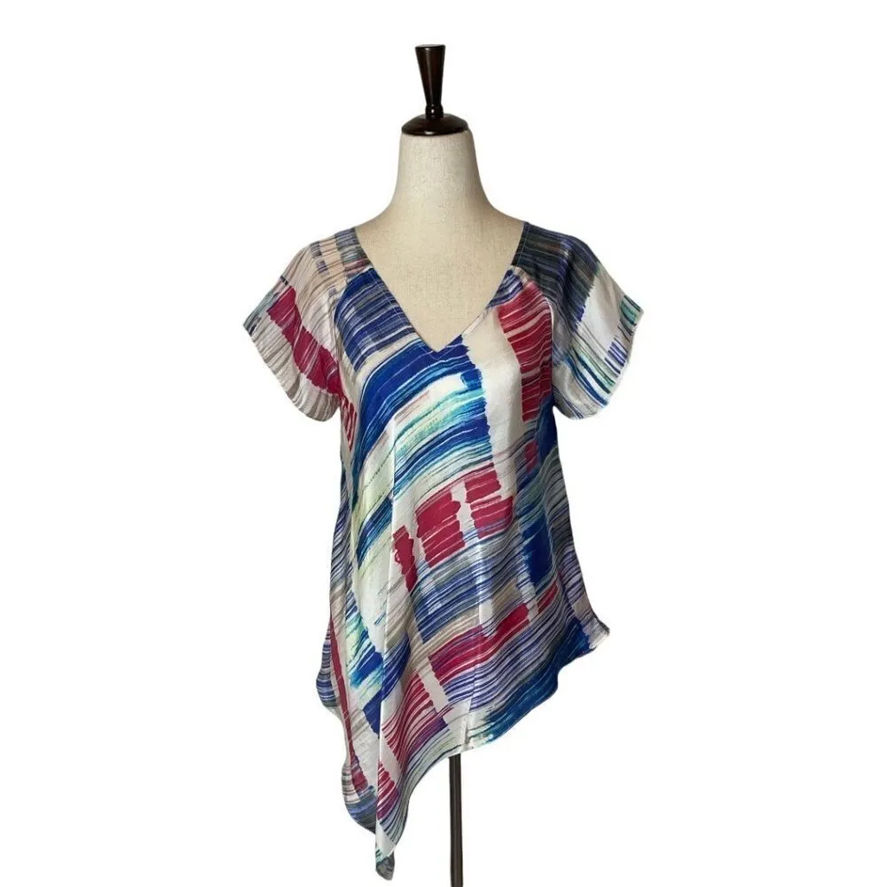 TRYB Anthropologie Red White Blue‎ Painted Plaid 100% Silk Tunic Blouse Size S - Image 5