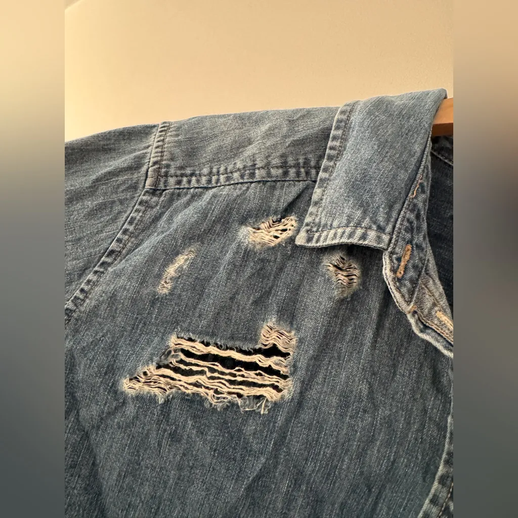 American Eagle Dark Wash Denim Distressed Oversized Fit Button Down Top - Image 4