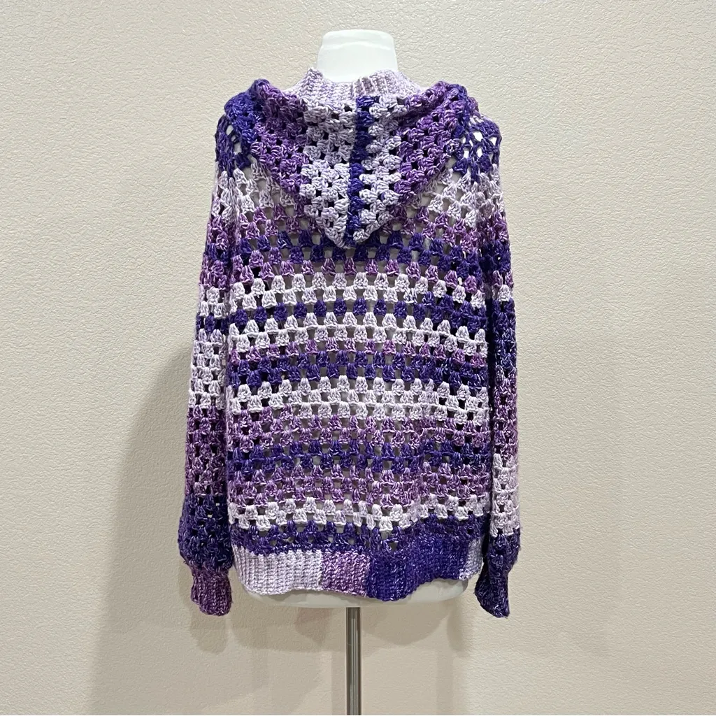 Granny Pop Purple Crochet Hand Knit Cardigan Size Large - Image 7