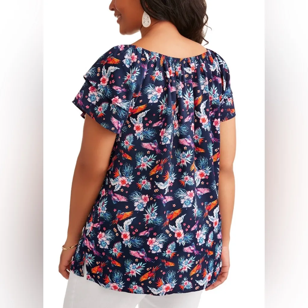 Terra & Sky Women’s Plus Double Layer Sleeve Peasant Top, Blue Sapphire, Size 1X - Image 3