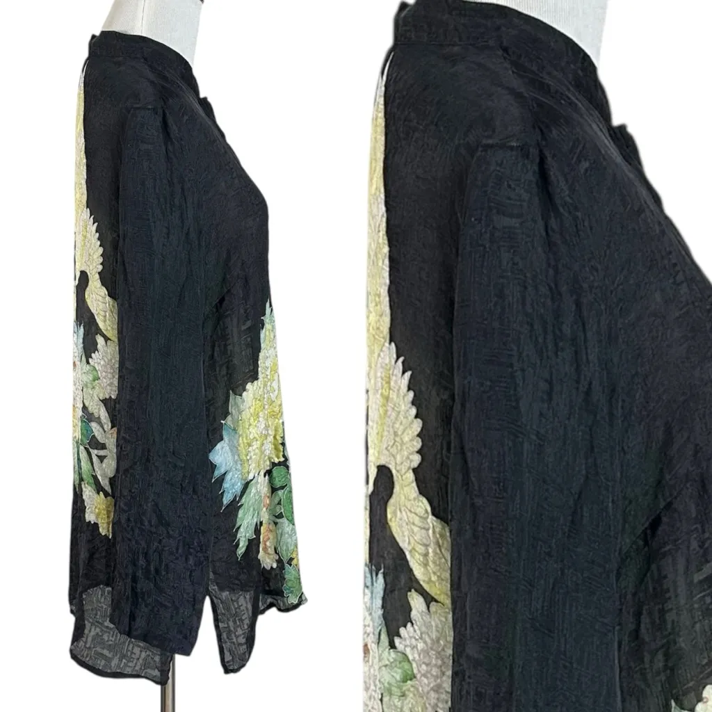 Citron Santa Monica Witchy Silk Floral Swan Button Down Top Size Large Bohemian Black - Image 5