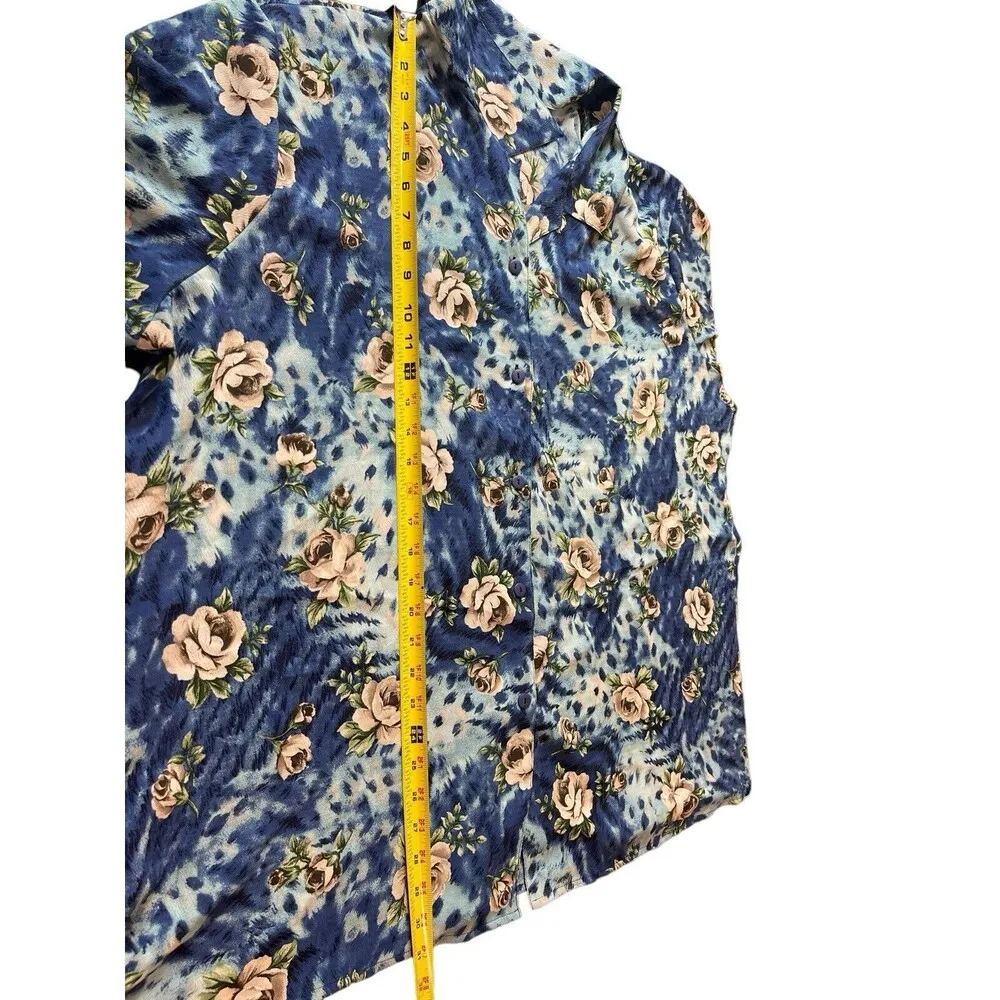 VTG 90s Laura Scott Long Sleeve Semi Blue Sheer Floral Button Up 26W Top - Image 5