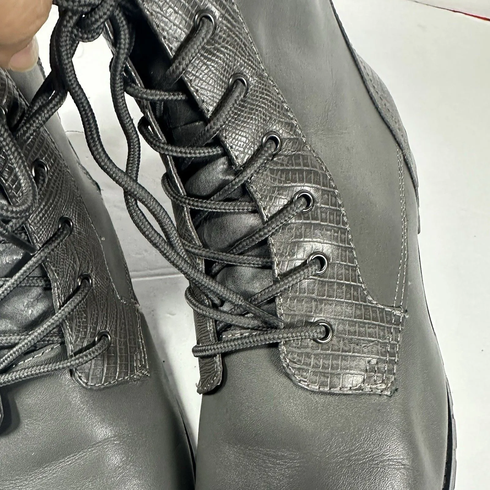 Sporto Women's Grey Leather Lace-Up Combat Boots Sz 9.5 M Faux Snakeskin Trim - Image 6