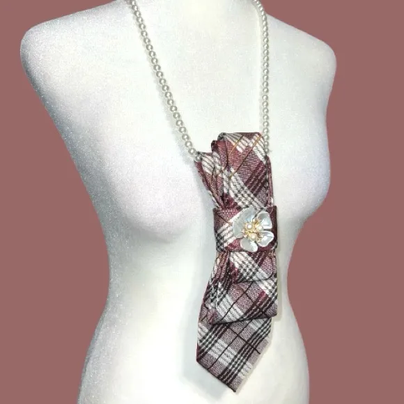“Dainty Dapper”burgundy plaid necktie necklace with floral brooch Red - Image 5