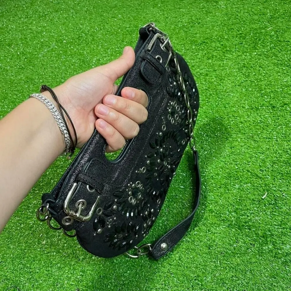 Vintage Y2K Rafe New‎ York Shoulder Purse Gems Glam Shimmer Chain Strap Black - Image 8