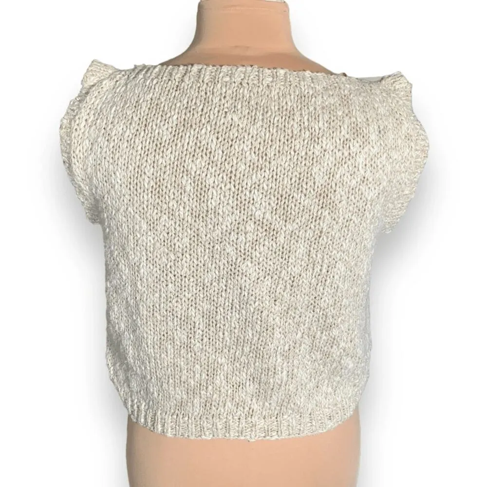 Vintage Knit Sweater Vest Top Pullover Off White Ruffle Sleeve Open Weave Linen - Image 6