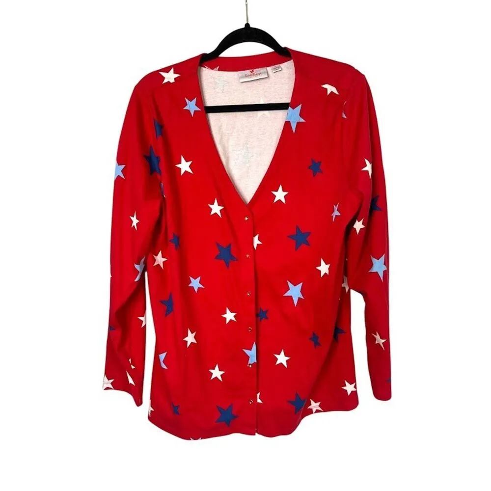Quacker Factory Button Down Womens L Red Star Print Patriotic Rhinestone Button Size L - Image 2