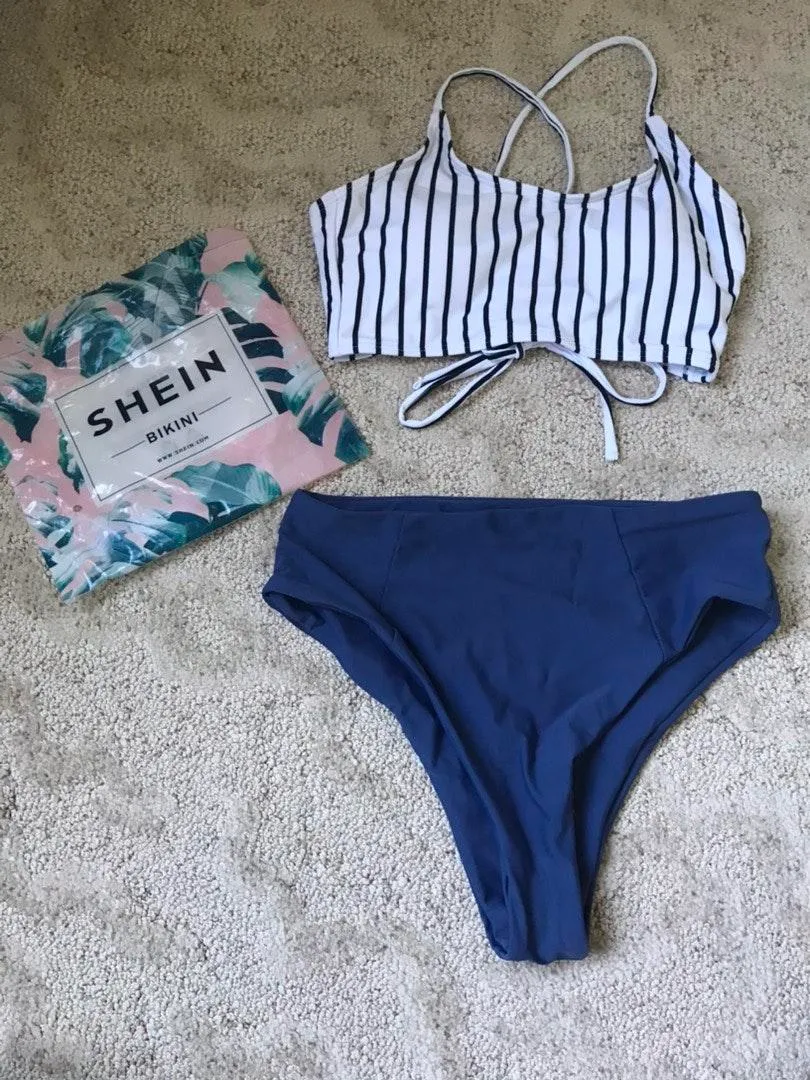 Lace Up Bikini Set With Dark Blue Bottoms NWT - Image 3
