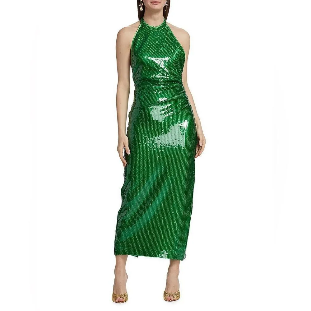 Ronny‎ Kobo Alix Green Sequined Halter Midi Gown New Small - Image 3