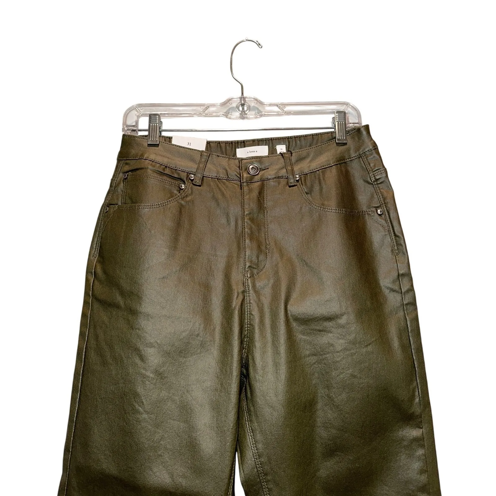 A Loves A High Rise Ankle Skinny Olive Green Wax Pants Size 31 NWT - Image 5