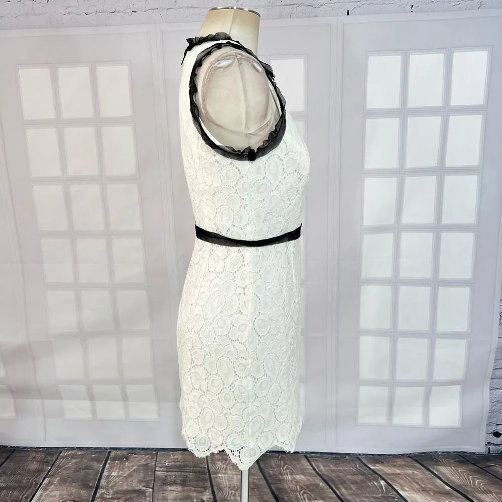 Milly Women's White Lace Sleeveless Black Frill Trim Sheath Mini Dress Size 6 - Image 4