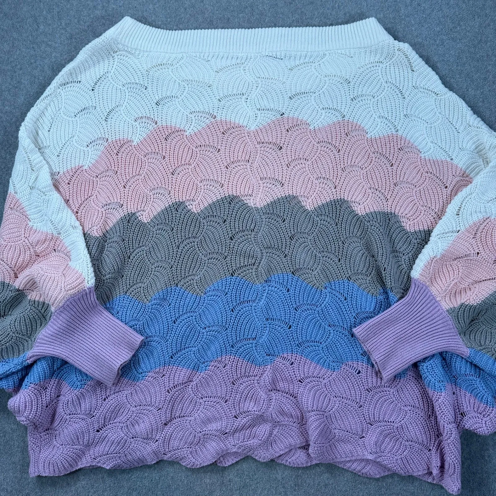 Chicsoul Scallop Edge Colorblock Open Knit Sweater Women's 1X Wide Neck Slouchy Blue - Image 8