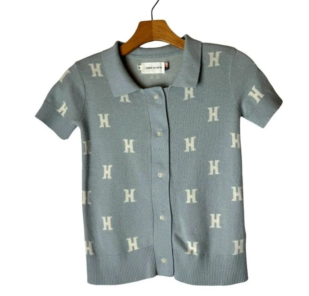 Honor The Gift Sweater Women XS Blue Gray Knit Monogram Short Sleeve Polo Preppy - Image 2