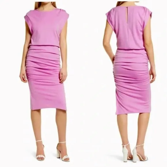 NWT Halogen Pirple lily ruched gathered cap sleeve midi dress size M - Image 2