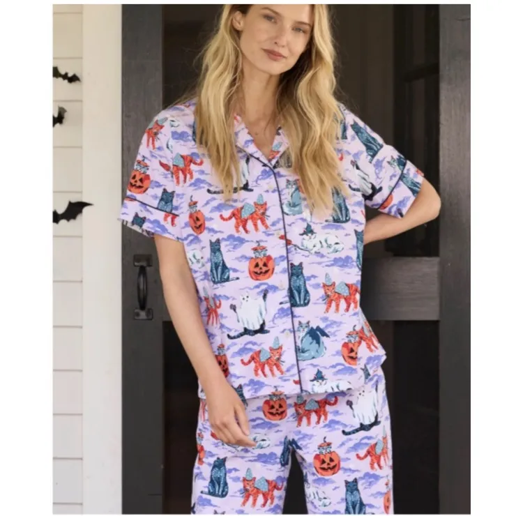 Anthropologie Print Fresh Pajamas Women XS Halloween Cats Witch Pumpkin Organic Purple - Image 9
