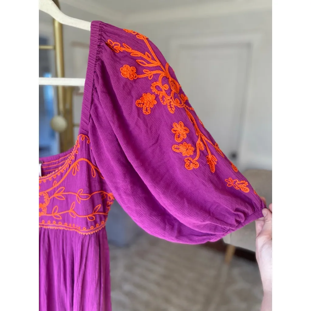 Free People Wedgewood Maxi Dress Embroidered M Boho Magenta Scandi Parisian Soft - Image 11
