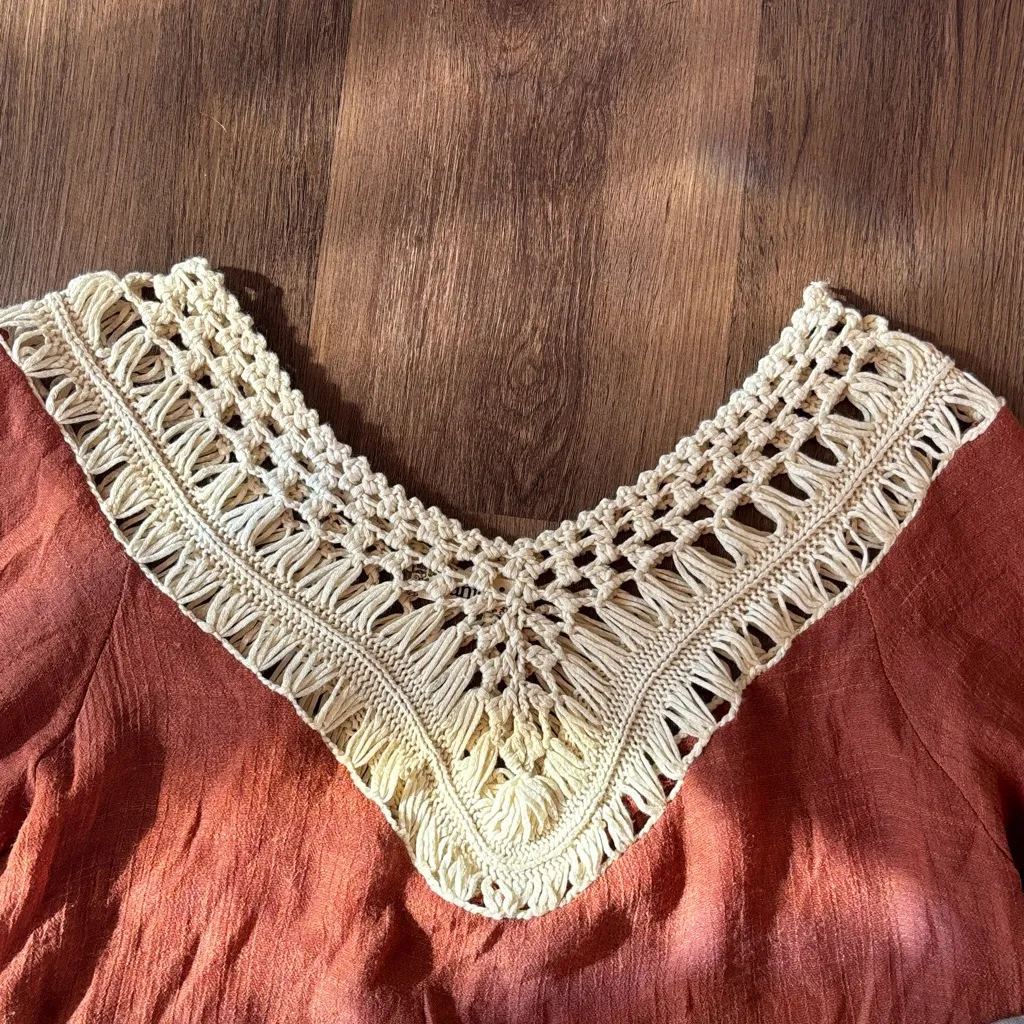 Bohemian Crochet Trim Color block Women’s Top V Neck Festival Concert Brown Size M - Image 2