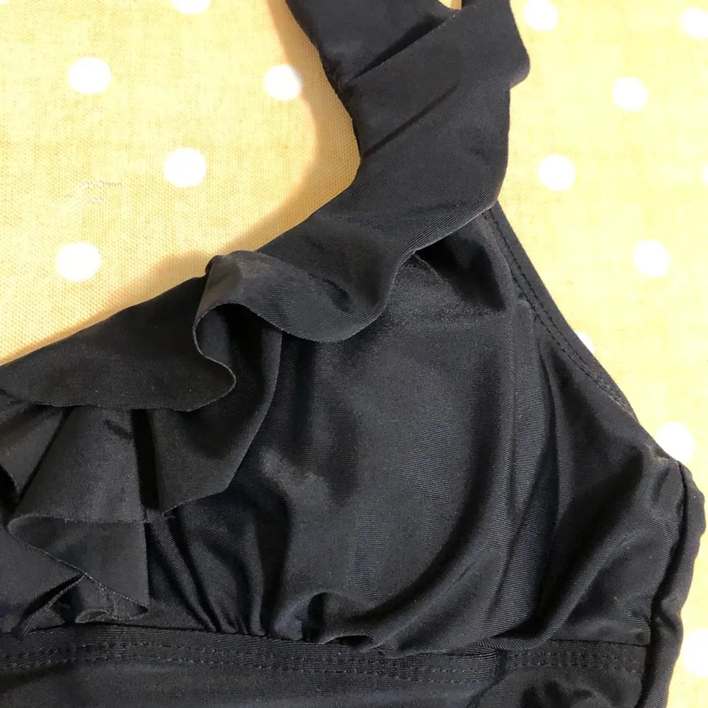 Black Ruffle Flounce One Piece Monokini Swimsuit Tummy Control V-Neck M - Image 9