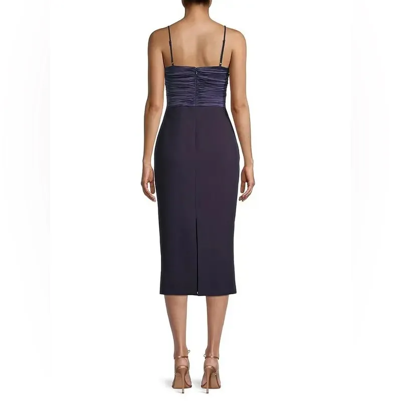 LIKELY Steph Ruched Satin & Crepe Midi Dress NWT 00 | Navy Cocktail Gown - Image 5