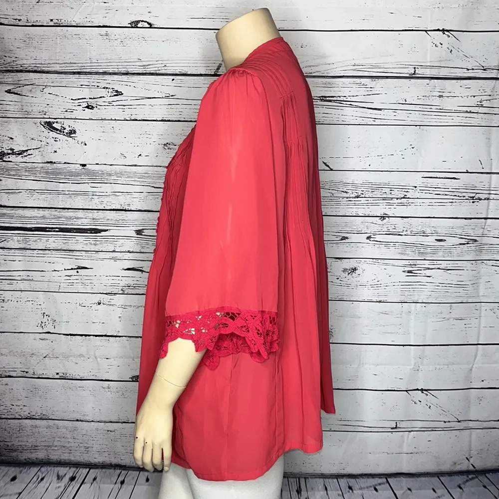 Denim 24/7 Size 20W Pink Floral Crochet Lace Peasant Button Up Blouse Top - Image 3