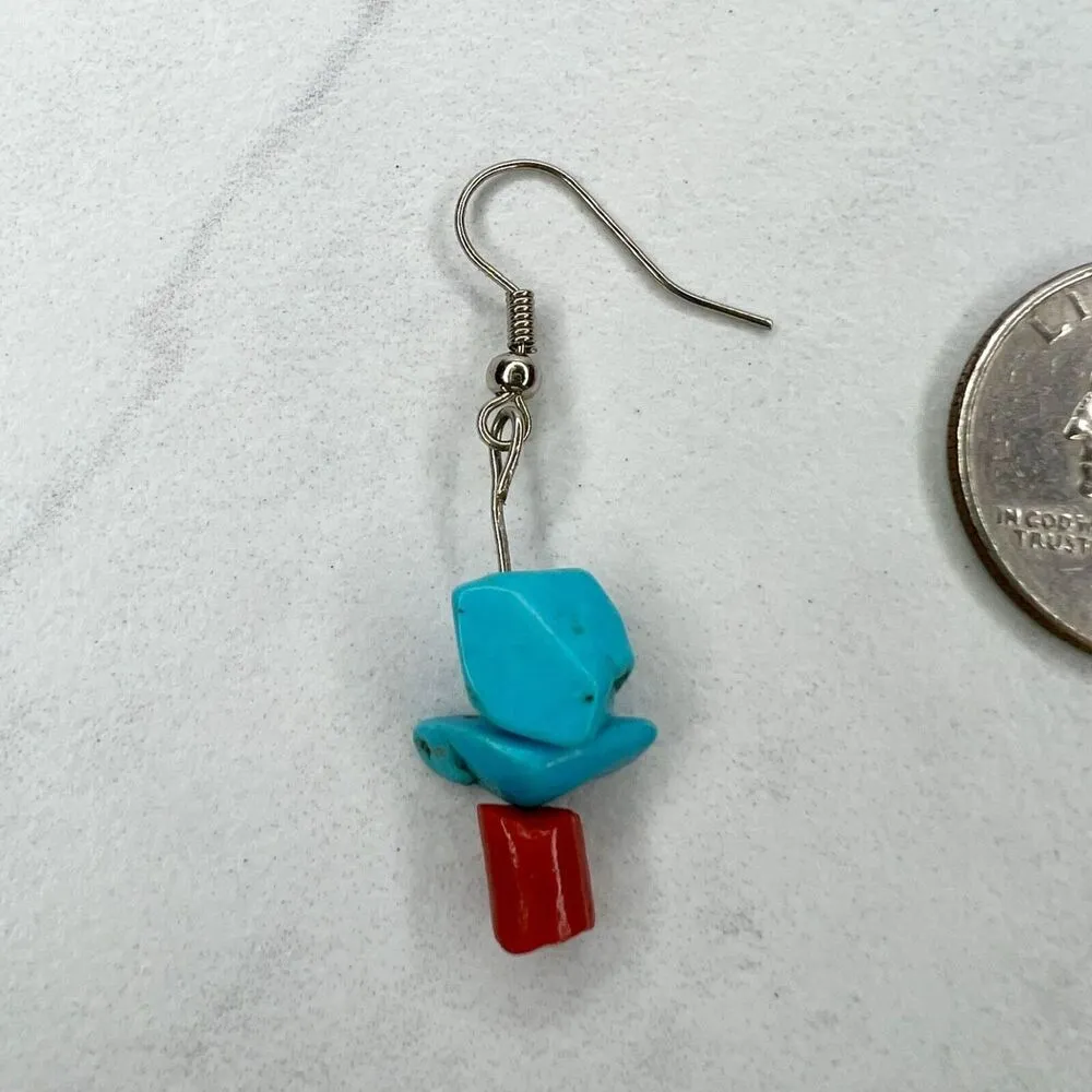 Silver Tone Faux Turquoise Faux Coral Dangle Earrings Pierced Pair - Image 5