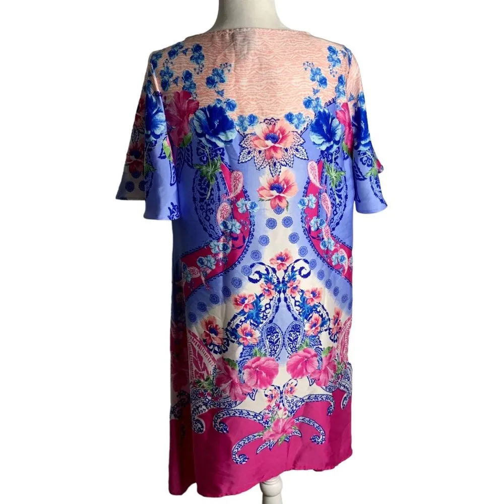 JM Collection Floral Swing Dress M Pink Blue Short Sleeve V Neck Knee Length - Image 4