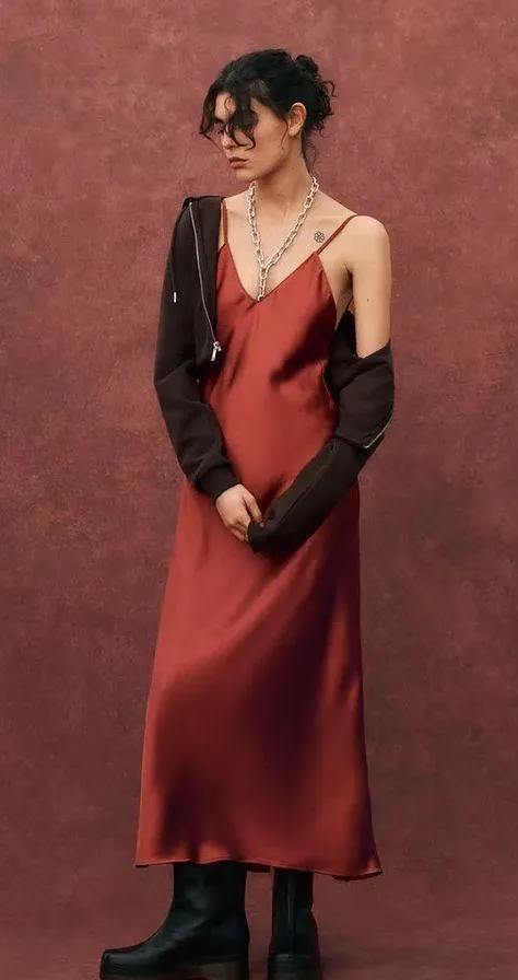 Zara maxi dress cognac rust satin slip midi casual summer  - Image 2