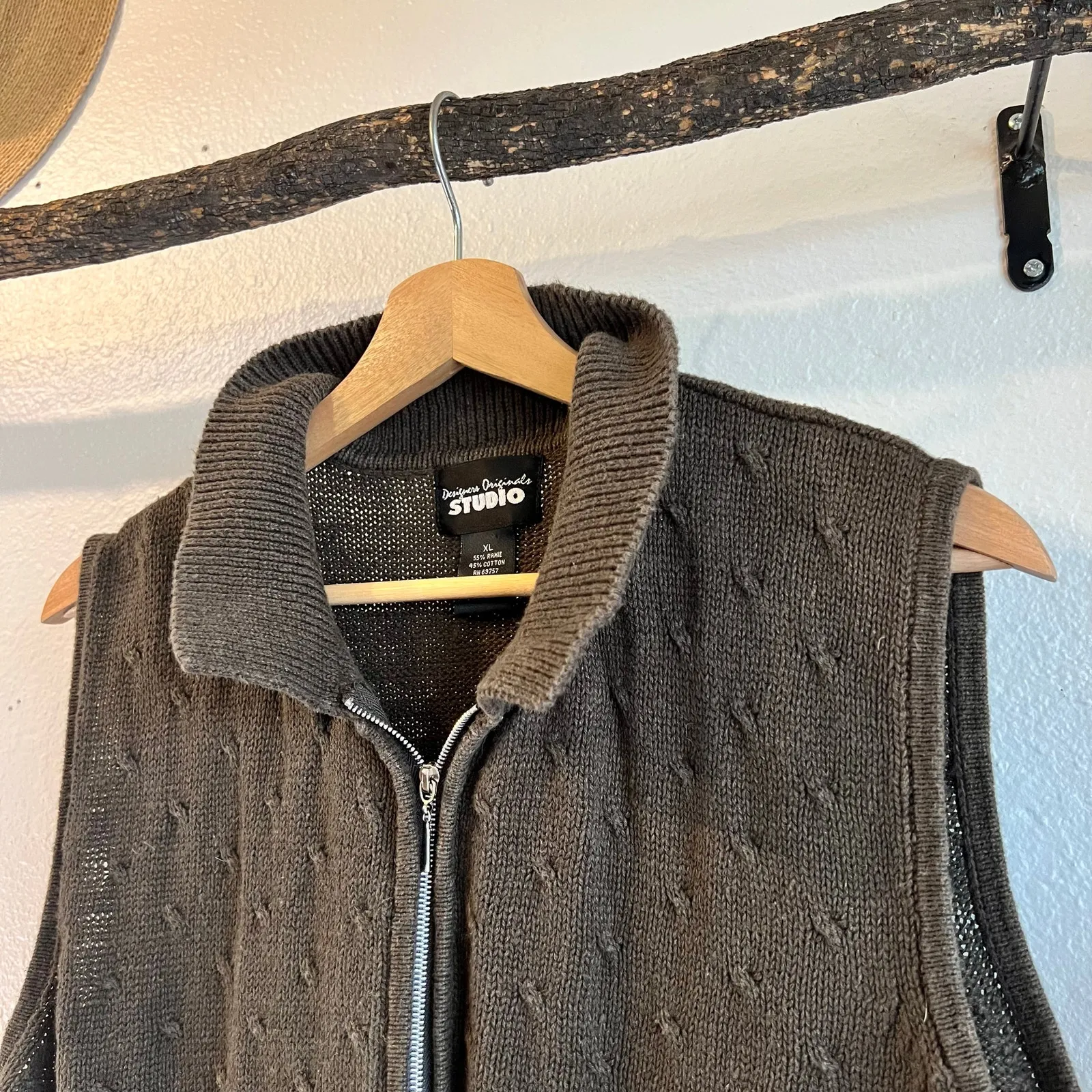 90s Vintage Olive Green Cotton Chunky Knit Zip Up Sweater Vest Size Large to XL - Image 3