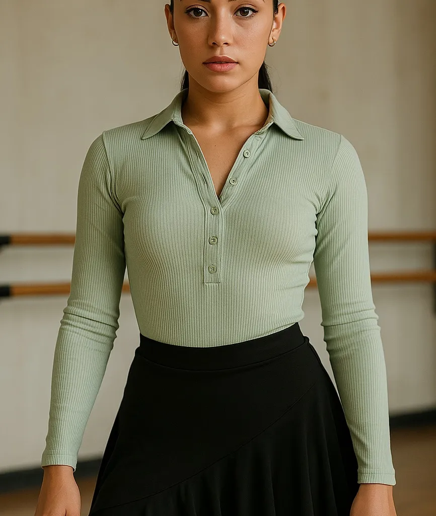 Sage Green Ribbed Long Sleeve Bodysuit Dancewear Latin Practice Top S new Green - Image 1