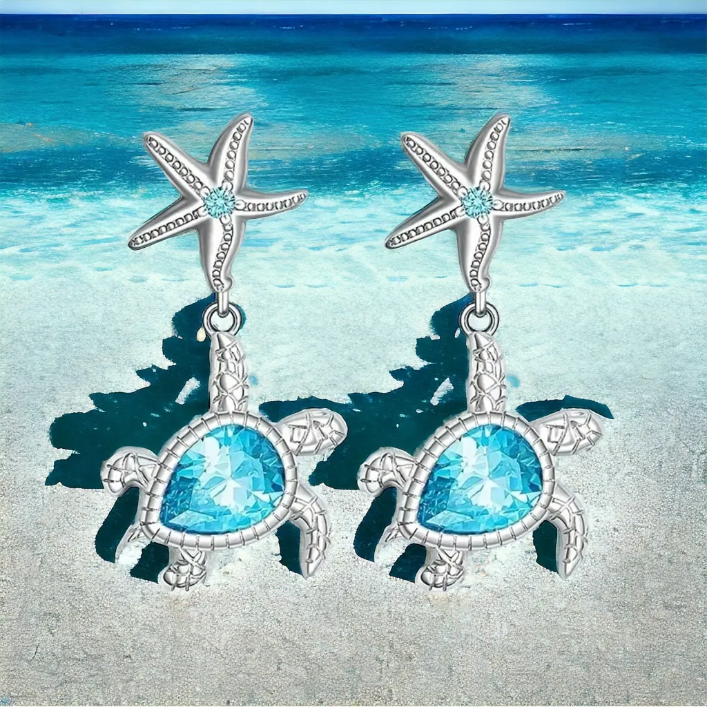 1pair Gorgeous‎ Small Turtle Starfish Alloy Earrings *Fashion Jewelry Silver - Image 2