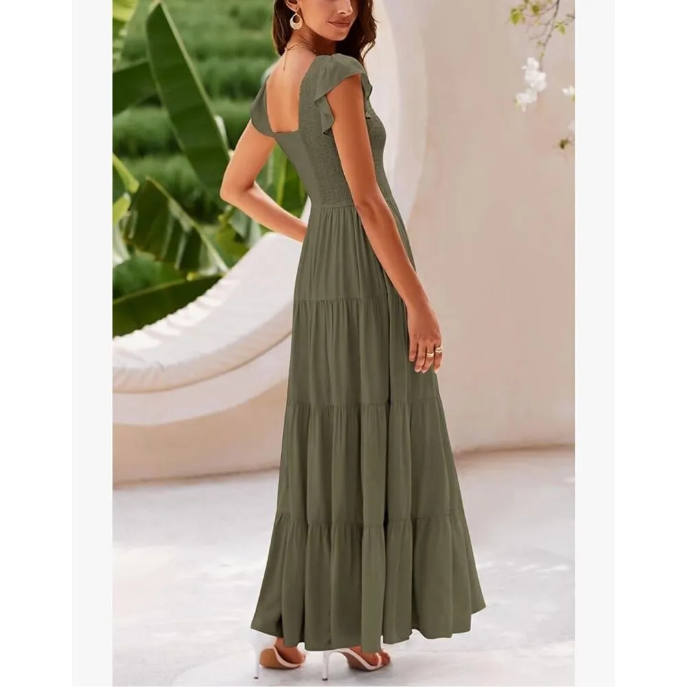 NEW Army Green Cap Sleeve V Neck Smocked Beach Sundress XL Green - Image 2