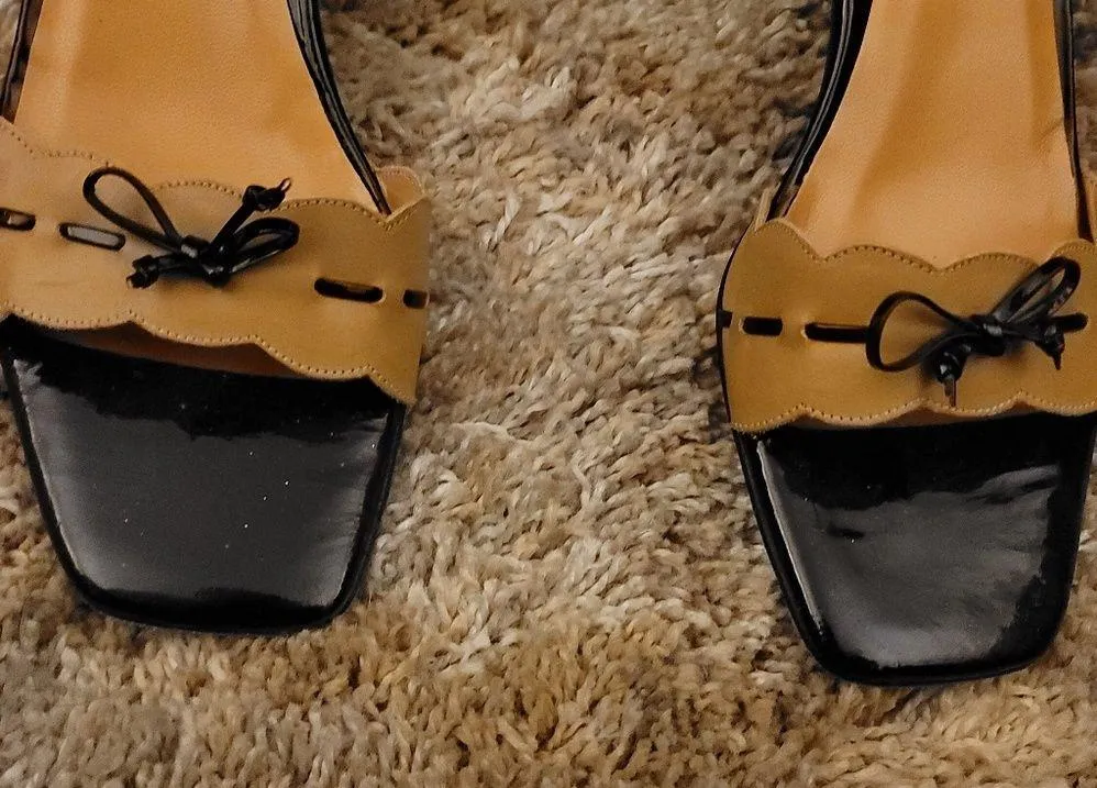 🔥SALE🔥Nicole Miller Tan Black Open Toe Sling Back Heeled Sandals 9 - Image 5