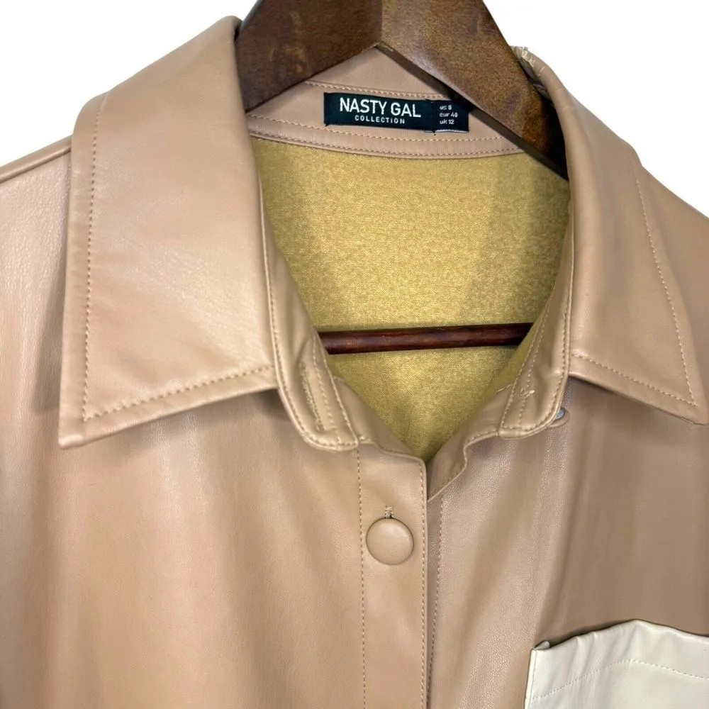 NASTY GAL Dress M(8) Faux Leather Knee Length Shirt Button Down Color Block READ - Image 3