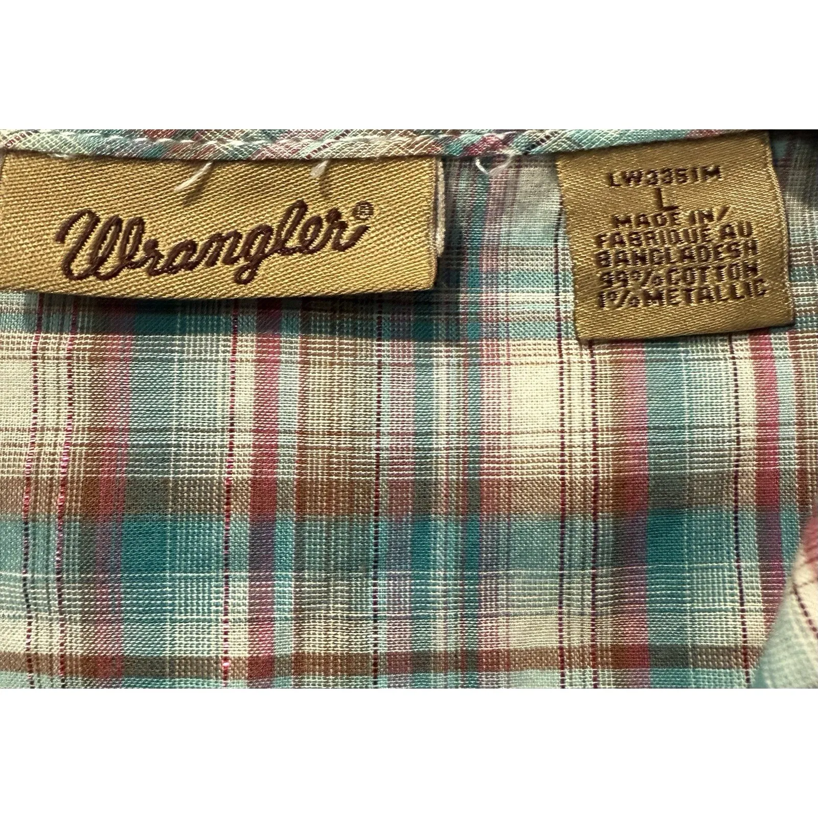 Wrangler Pearl Button Pink / Teal Metallic Thread Plaid Western Rodeo Shirt L - Image 6